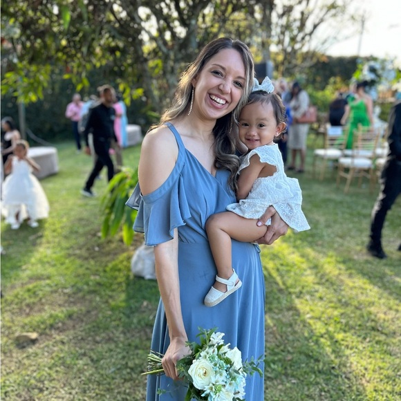 Blue Maxi Gown with Flutter Sleeves and Plunge Neckline - Picture 4 of 4